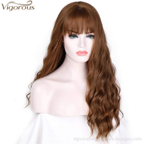 Vigorous Long Wavy Women's Wig 24 Inch Synthetic Brown Hair With Bangs Natural Wavy High Temperature Fiber Wig